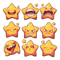 Poster - Various star shaped emojis with different facial expressions, including happy, angry, and surprised, are isolated on white background. These playful and expressive stars convey rangePNG transparent