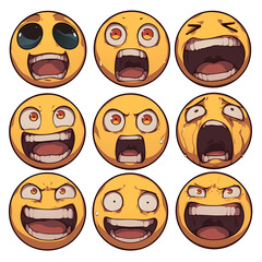 Poster - Various surprised emojis with expressive faces on white background. These emoticons display range of emotions, from shock to excitement, capturing intense feelings vividly. PNG transparent