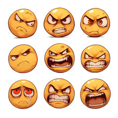 Poster - Various expressive emojis display range of intense emotions, from anger to frustration, on white background. Each emoji has unique facial expression, showcasing different levels ofPNG transparent
