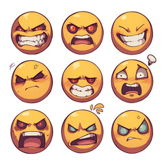 Poster - Various angry face emojis with intense expressions isolated on white background. These emotive icons display range of emotions from frustration to rage, each with unique features. PNG transparent