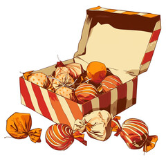 Aufkleber - colorful gift box filled with assorted candies, featuring vibrant wrappers and open lid, isolated on white background. cheerful presentation evokes sense of joy and celebration. PNG transparent