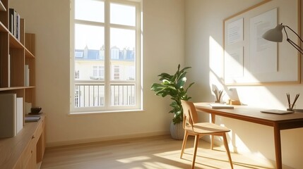 Poster - Sunlit home office featuring a minimalist desk, a plant, and large windows overlooking a city landscape