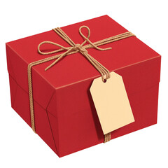 Poster - red gift box with blank tag and twine bow, isolated on white background, perfect for celebrations and special occasions. PNG transparent