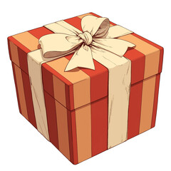 Poster - beautifully wrapped gift box with tassel embellishments, featuring vibrant red and orange stripes and large cream bow, isolated on white background. PNG transparent
