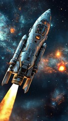 Wall Mural - cosmic launch: a sleek, futuristic spacecraft bursts through the atmosphere, leaving a fiery trail a
