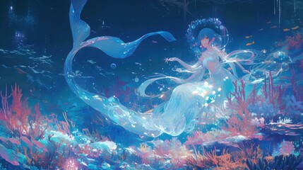 Wall Mural - a graceful mermaid lounging on a bed of soft luminescent seaweed at the bottom of an otherworldly oc
