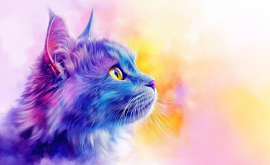 Wall Mural - dreamy portrait of a purple-hued cat with a mystical aura, highlighted by soft pink and yellow tones