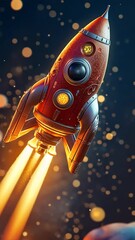 Wall Mural - retro rocket launch: a vintage-style rocket blasts off into the cosmos, its powerful engines illumin