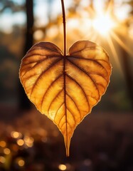 Wall Mural - Heart-shaped leaf glows golden in the sunset.