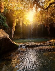 Canvas Print - Sunlit Waterfall in Lush Forest