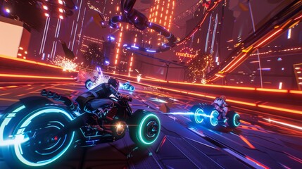 Sticker - Vibrant neon drift bikes racing through a high tech cyberpunk cityscape at night