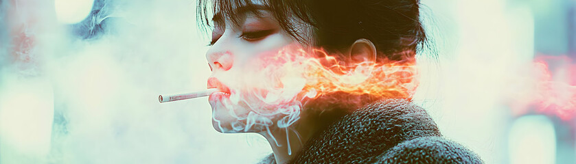 Wall Mural - Abstract Portrait, Woman Smoking, Fiery Smoke Trails,  Ethereal Background, Artistic Expression