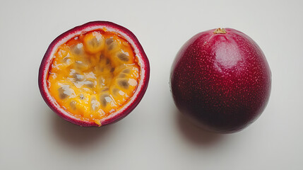 Canvas Print - A halved passion fruit reveals its vibrant, juicy interior, contrasting with the deep purple skin of a whole fruit beside it.  A close-up shot showcasing the texture and color.