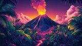 Bold jungle volcano with glowing lava streams and vibrant neon smoke trails