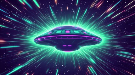 Wall Mural - Dynamic UFO with vibrant neon beams and swirling cosmic effects
