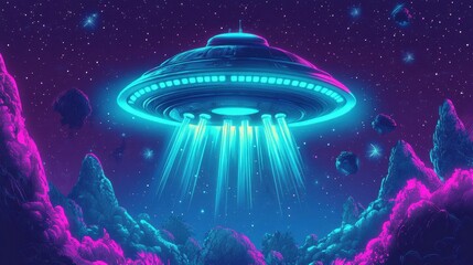 Wall Mural - Vivid UFO glowing in retro beams and swirling cosmic textures