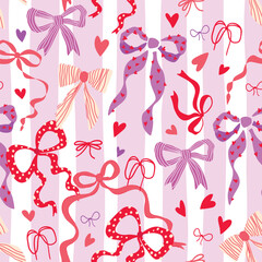 Wall Mural - Pink bow knots, hearts, love seamless pattern for Valentines day. Romantic bows and ribbons on purple vertical stripes background. Girly print in coquette style, lovely wallpaper, gift paper, textile