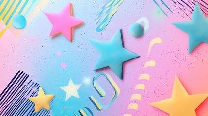 Wall Mural - Retro wallpaper of thick hand-drawn stars and circles with neon hues