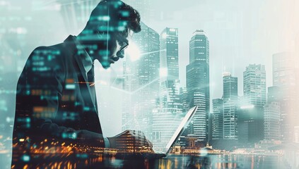 Poster - Businessman Working Laptop Cityscape Double Exposure