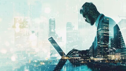 Poster - Businessman Working Laptop Night Cityscape Double Exposure