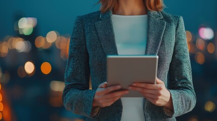 Aufkleber - Innovative businesswoman on rooftop using tablet against city night skyline