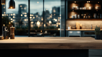 Canvas Print - Modern kitchen interior with wooden countertop, spice bottles, and a potted plant, illuminated by pendant lights, overlooking blurred cityscape through large windows.