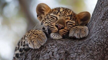 Wall Mural - Adorable Leopard Cub Napping Peacefully on a Tree Branch