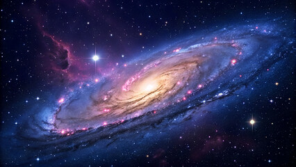 Wall Mural - A Spiral Galaxy's Radiant Dance Across the Cosmos, This stunning image captures the vast and mesmerizing beauty of a spiral galaxy set against a cosmic backdrop, with vibrant hues of pink, blue,