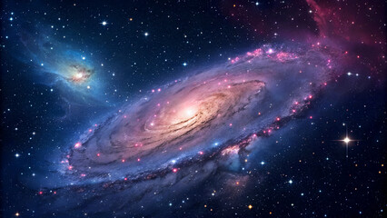 Wall Mural - A Spiral Galaxy's Radiant Dance Across the Cosmos, This stunning image captures the vast and mesmerizing beauty of a spiral galaxy set against a cosmic backdrop, with vibrant hues of pink, blue