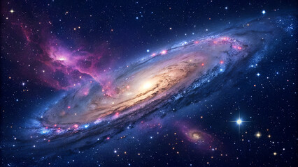 Wall Mural - A Spiral Galaxy's Radiant Dance Across the Cosmos, This stunning image captures the vast and mesmerizing beauty of a spiral galaxy set against a cosmic backdrop, with vibrant hues of pink, blue,