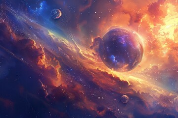 Canvas Print - Colorful Nebula and Glowing Planets in Deep Space