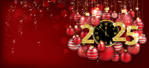 Wall Mural - Hanging Red Baubles Christmas Golden Clock 2025