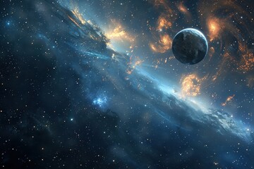Wall Mural - Earth from afar in a colorful nebula with stars and dust