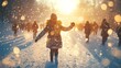 © ratcha - A person walks joyfully through a snowy landscape, surrounded by others and glowing sunlight.