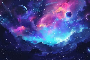 Canvas Print - Colorful Nebula and Planets in Deep Space
