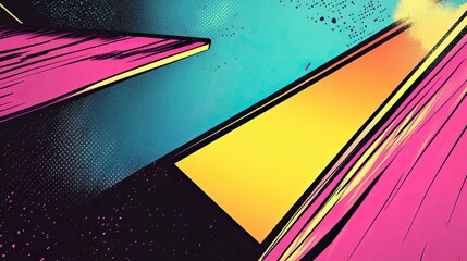 Wall Mural - Dynamic floating panels with neon hues on a soft glowing 70s background