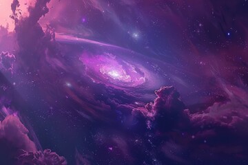 Wall Mural - Purple and pink-hued spiral galaxy with glowing center and stardust in deep space.