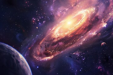 Canvas Print - Glowing spiral galaxy with a blue planet in the foreground