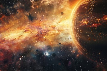 Wall Mural - Glowing orange planet with a fiery tail in a star field