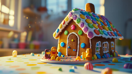 A gingerbread house styled for kids with colorful candy buttons