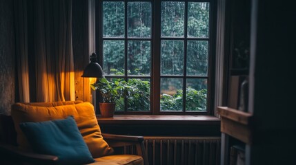 Wall Mural - A comfortable nook by a rain-speckled window, with soft vintage lighting, rustic furniture, and a quiet, serene atmosphere