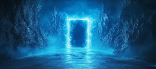 Wall Mural - glowing blue light teleport portal door. generative ai technology.