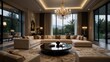 © mochalfin - Luxurious living room with sectional sofa, large windows, chandelier, and stunning view.