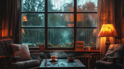 Wall Mural - Rain falling outside a large window, creating a serene view from a cozy nook with warm lighting, rustic furniture, and a steaming cup of tea