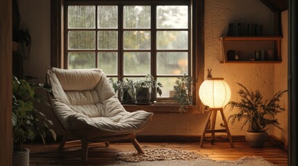 Rustic cozy nook by a rain-speckled window, lit by warm vintage light, with wooden details and a comfortable chair for a serene vibe