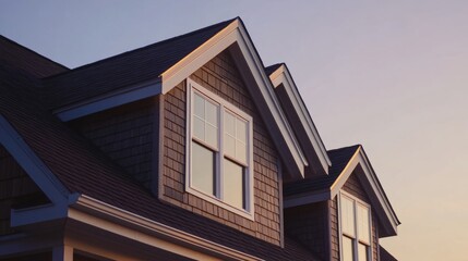Poster - Sleek dormer windows on a newly built home, set against dark shingles and a steeply sloped roof under soft evening light