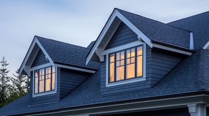Poster - Sleek dormer windows on a newly built home, set against dark shingles and a steeply sloped roof under soft evening light