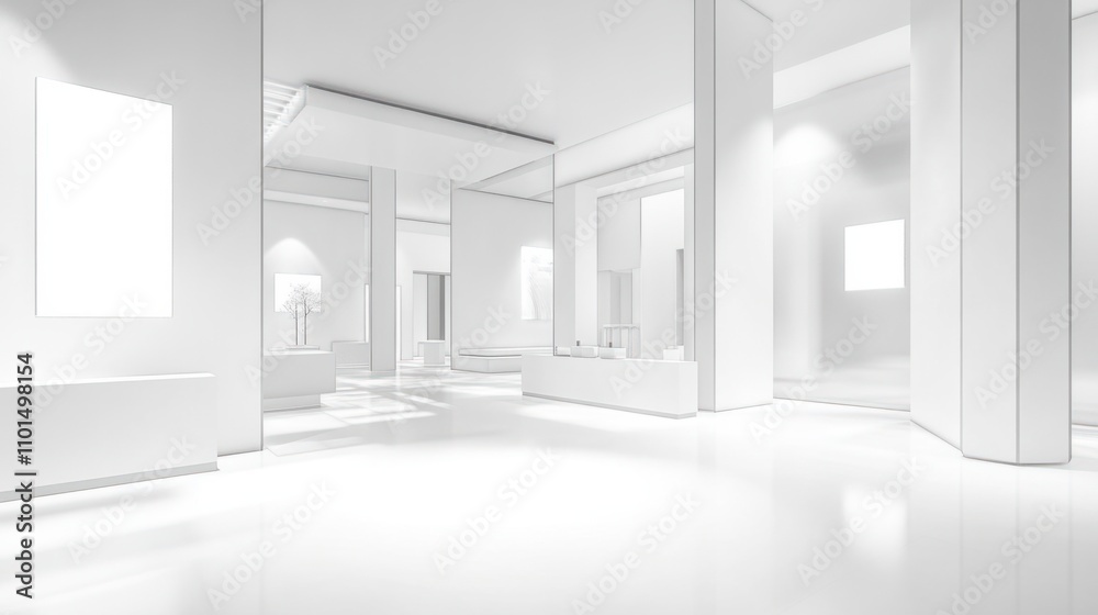 Empty white exhibition booth with simple design, open space, and blank ...