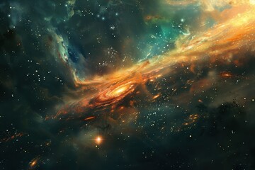 Wall Mural - Glowing orange and green nebula and stars in deep space