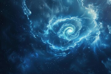 Wall Mural - Glowing spiral galaxy with bright center and blue translucent clouds in deep space.